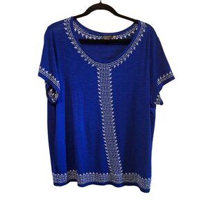 Rafaella Womens Blue Embroidered Short-Sleeve Top XL Viscose Blend